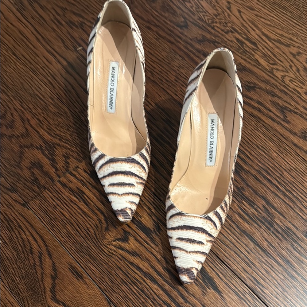 Manolo Blahnik Zebra-Stripe Pointed Toe Pumps - White & Brown